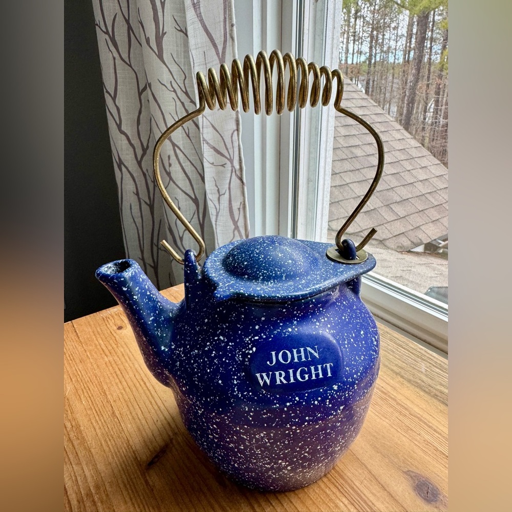 Vintage John Wright Cast Iron Blue Tea Kettle